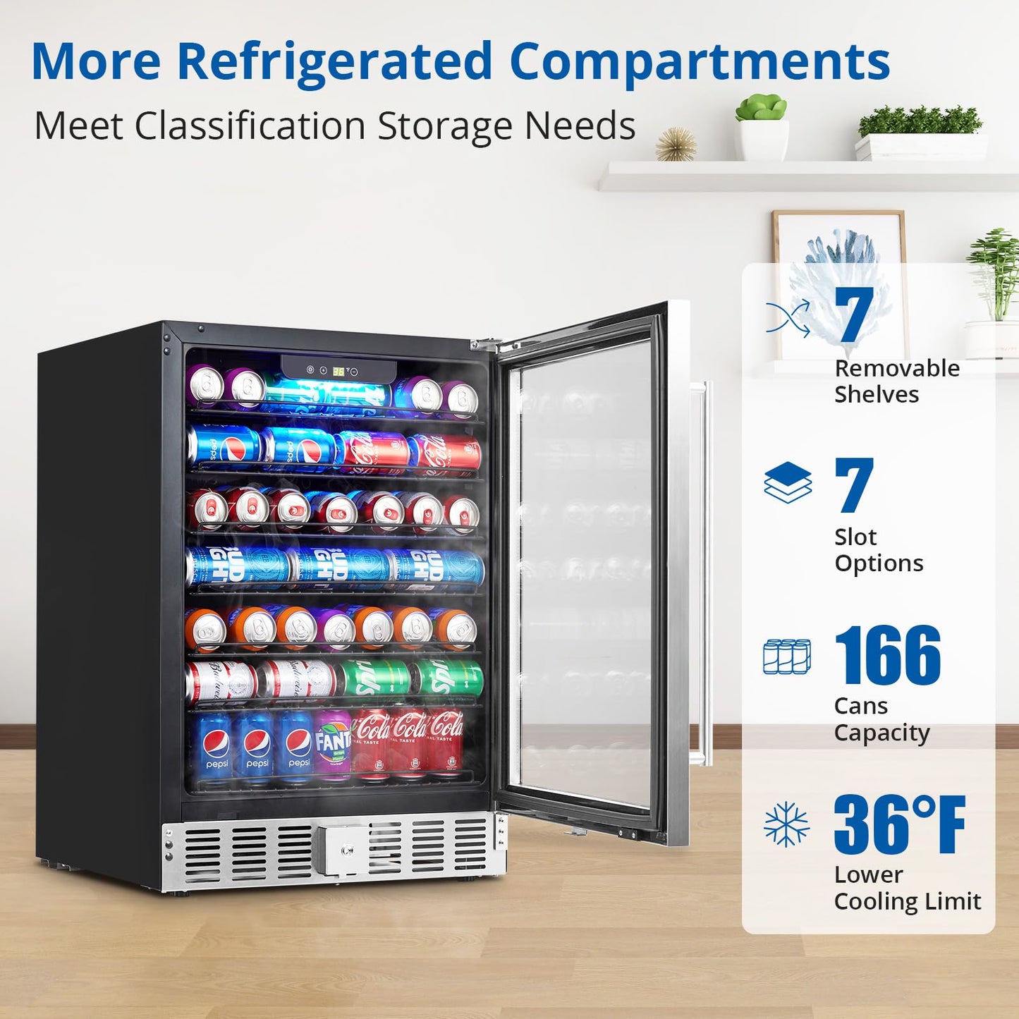 GarveeHome 24 in Beverage Refrigerator, 5.1 Cu.Ft Beverage Fridge, 166 Cans Capacity Drink Fridge with 36～60°F Adjustable Digital Temperature Control Compressor and Safety Lock