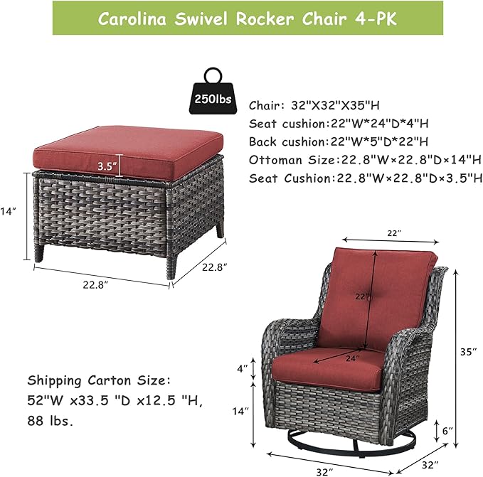 Rilyson Wicker Patio Furniture Set - 4 Piece Rattan Outdoor Sectional Conversation Sets with 2 Swivel Rocking Chairs,2 Ottomans for Porch Deck Garden(Mixed Grey/Red)