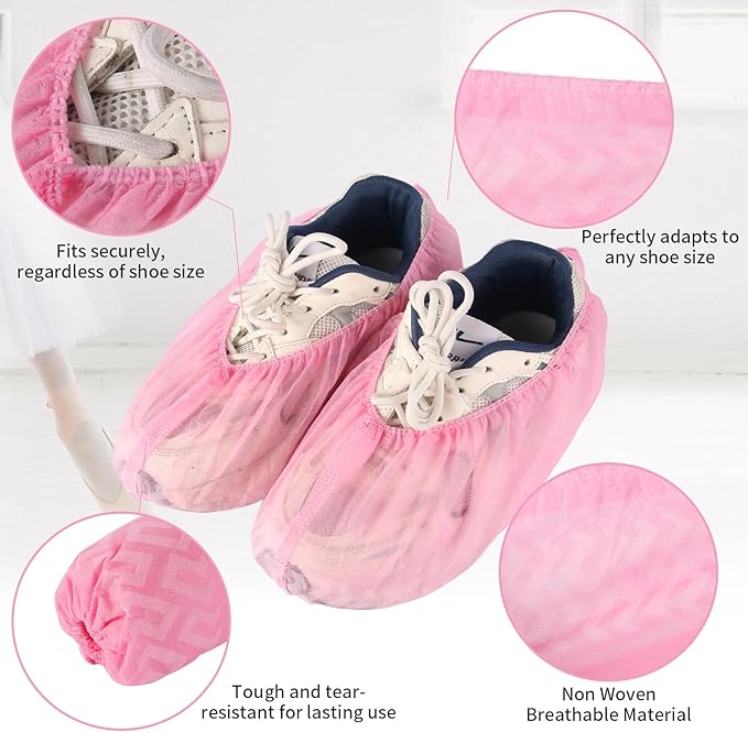 Frontline Shoe Covers Disposable Non-Slip 100 Pack, Premium Non-Woven Durable Booties Shoes Covers – Water Resistant Thick Anti-Slip - One Size Fits Most by Frontline (Pink 100 Pack)