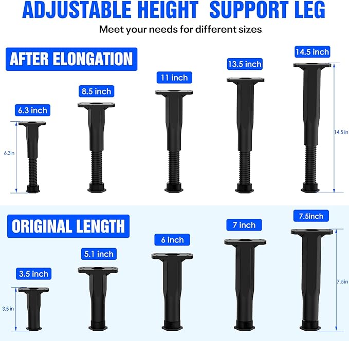 SKMYL Adjustable Height Center Bed Support Leg for Sagging Shelf, Furniture Legs for Frame,Slat and Riser, Adjustable Height 7"-13.5" (4PCS)
