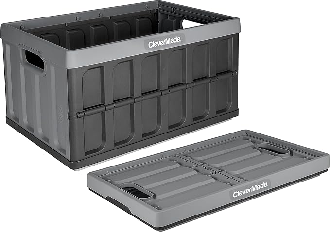 CleverMade Collapsible Storage Bins - Stone 1 Pack 46L - Stackable Containers Heavy Duty Capacity Folding Crates - Space-S...