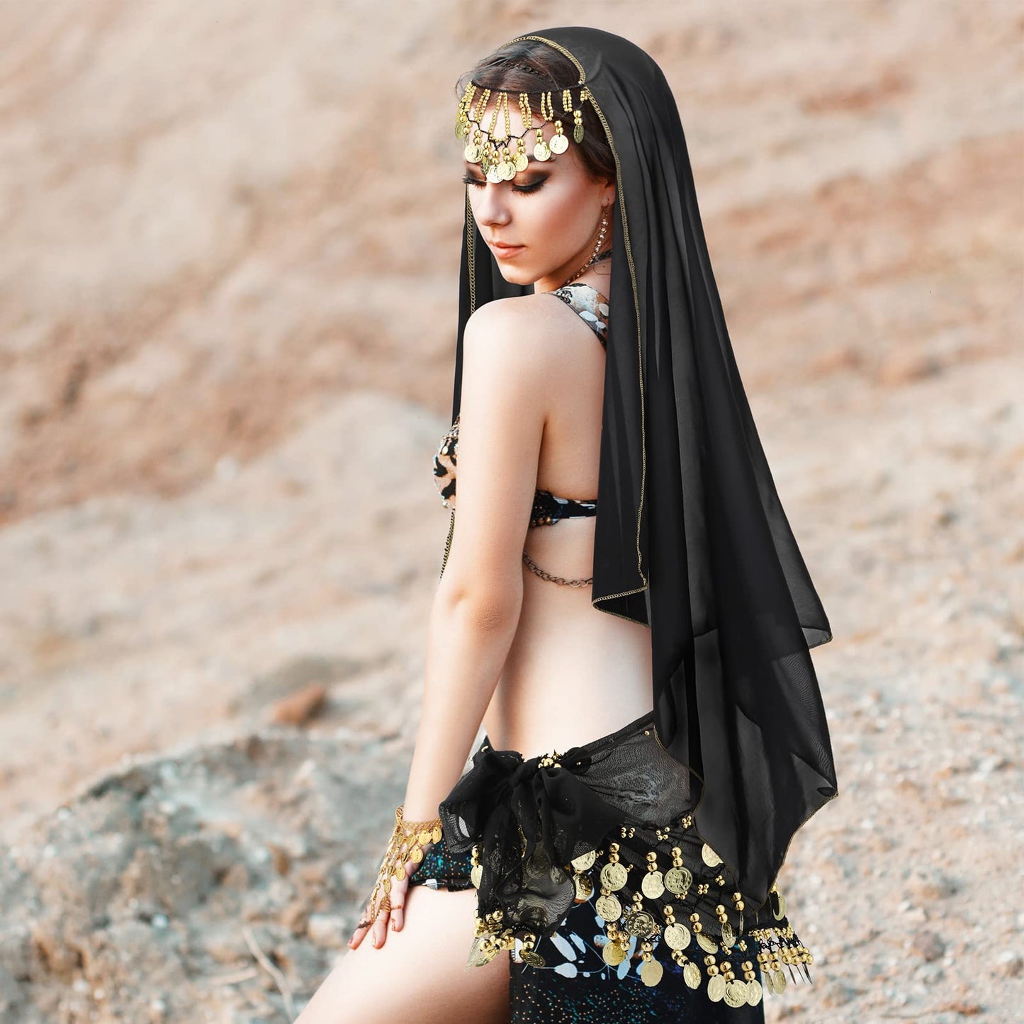 Eurzom 4 Pcs Gypsy Costume Women Belly Dance Outfit Gypsy Accessories Head Scarf with Coins Hip Scarf Bracelet(Black)