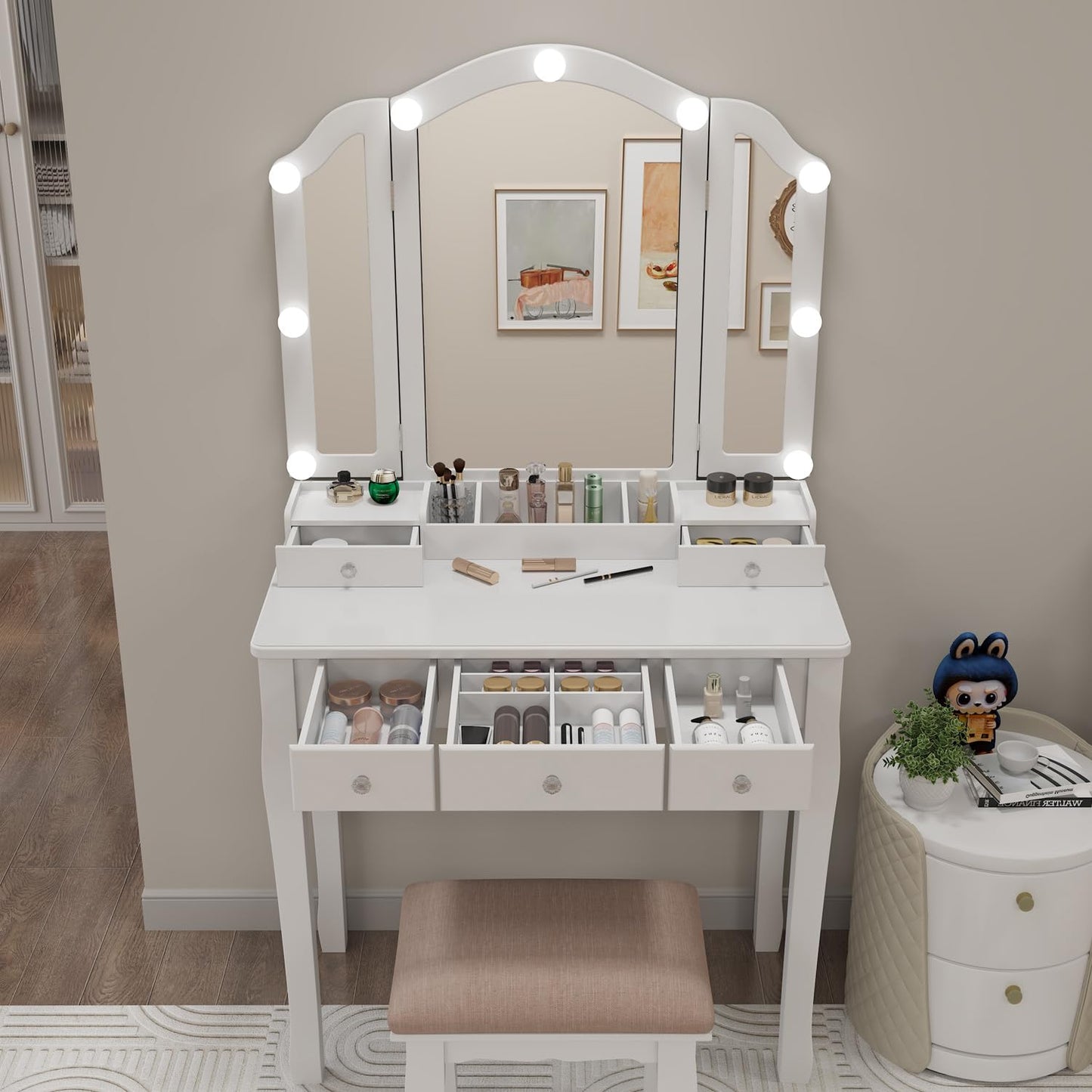 Longtesun Makeup Vanity Set Teen Vantity Set White Vanity Desk with Mirror and Lights Vanity Table with Lights Vanity Mirror with Lights Desk and Chair Makeup Vanity Table Makeup Vanity with Lights