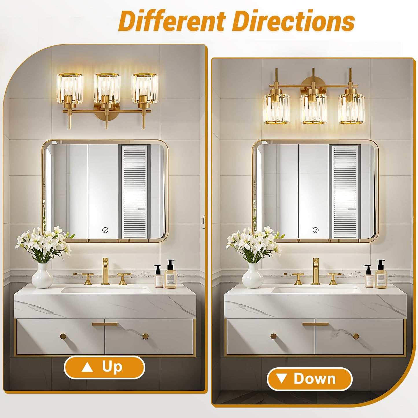 EJIAXIN Bathroom Lighting Fixtures, 3 Light Gold Bathroom Light Fixtures with Clear Shades Modern Crystal Vanity Light Bath Room Vanity Lighting Over Mirror Wall Light