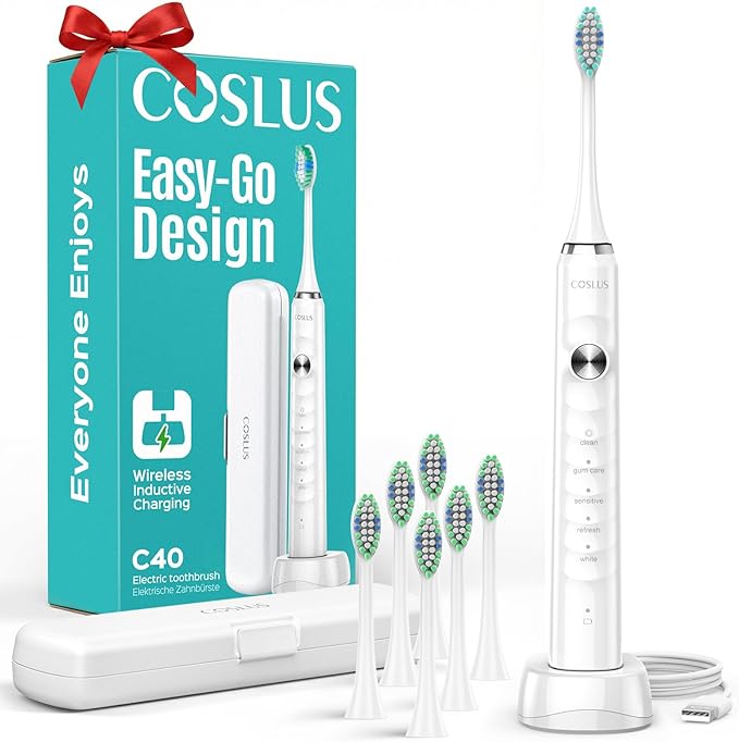 COSLUS Sonic Electric Toothbrush for Kids & Adults: 47000 VPM for Deep Cleaning & Whitening with Travel Case - 5 Modes for Sensitive Teeth & Braces, Wireless Charging, 6 Brush Heads, White (1PC)