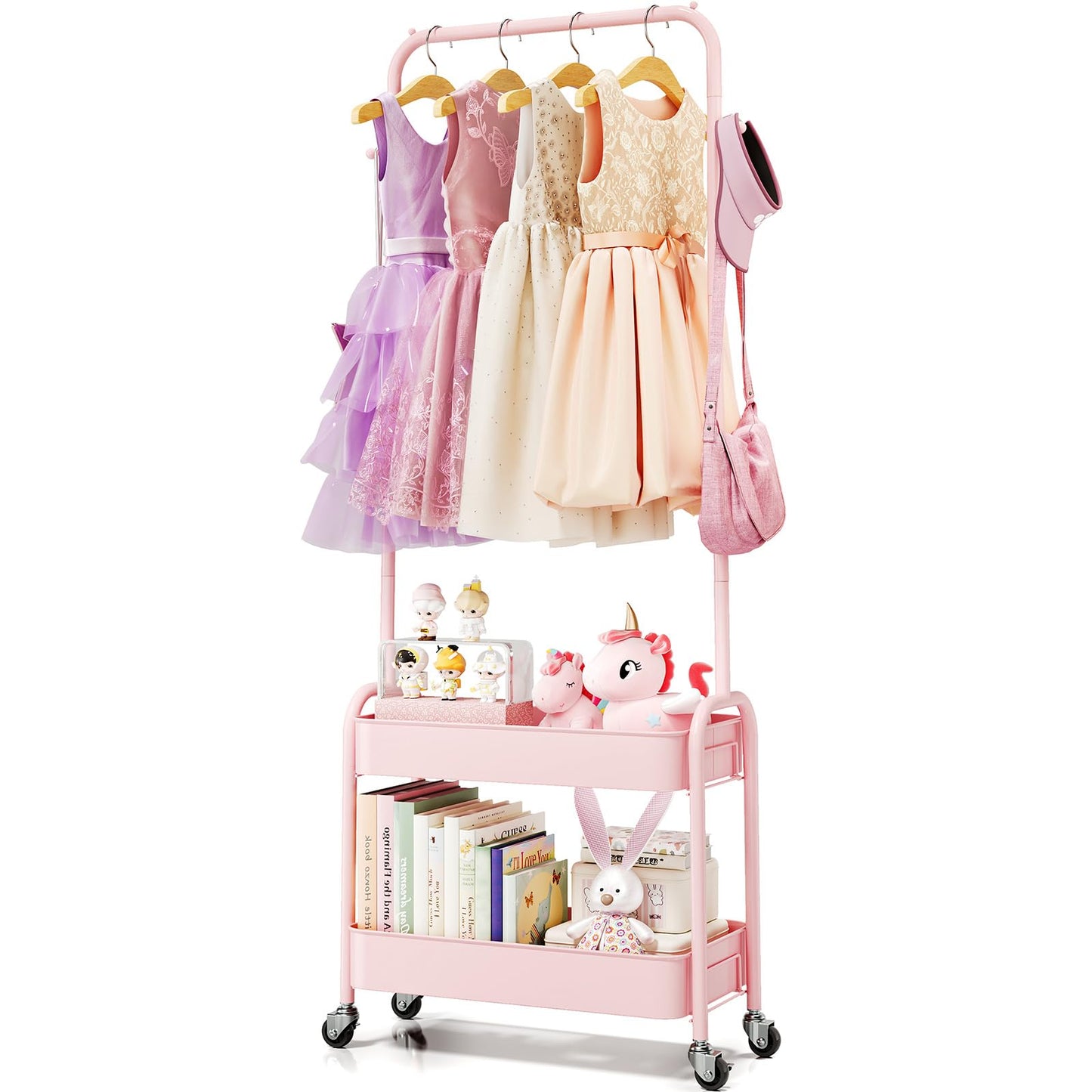 KINGRACK Kids Clothing Rack, Small Clothes Rack with Metal Basket, Wardrobe Rack with Wheels, Child Rolling Garment Rack Storage for Clothes, Coats, Skirts, Pink