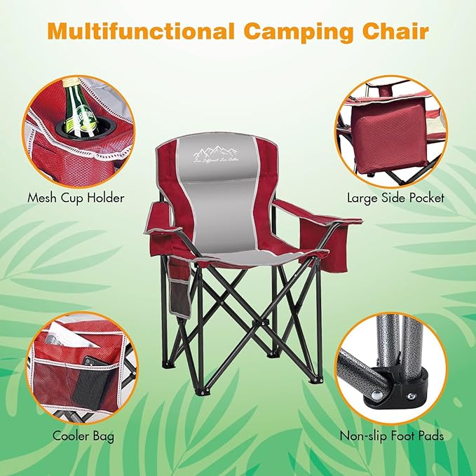 SAILARY Folding Camping Chair Portable Outdoor Heavy Duty Padded Chairs Lawn Chair with Cup Holder, Storage Pocket and Cooler Bag, Supports 450LBS Red