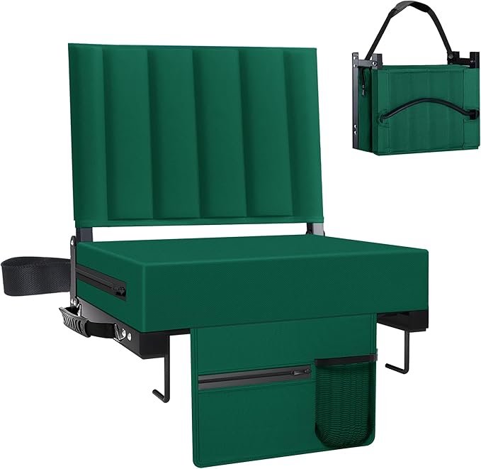 Aliphon Stadium Seat for Bleachers with Back Support and Cushion, Bleacher Seats with Shoulder Strap and Cup Holder, Padded Portable Folding Comfort Stadium Chair, for Sports Events,Green (1pcs)