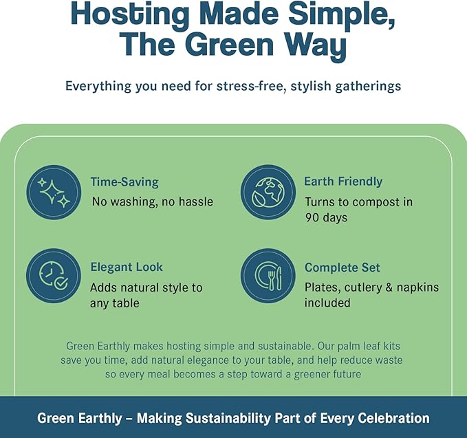 Palm Leaf Party Pack, Compostable, Biodegradable, Disposable, Sturdy, Eco-Friendly, Microwave Safe. 10'' & 7'' Square Plates, Wooden Cutlery & Napkins (For 25 People - 175 total items).