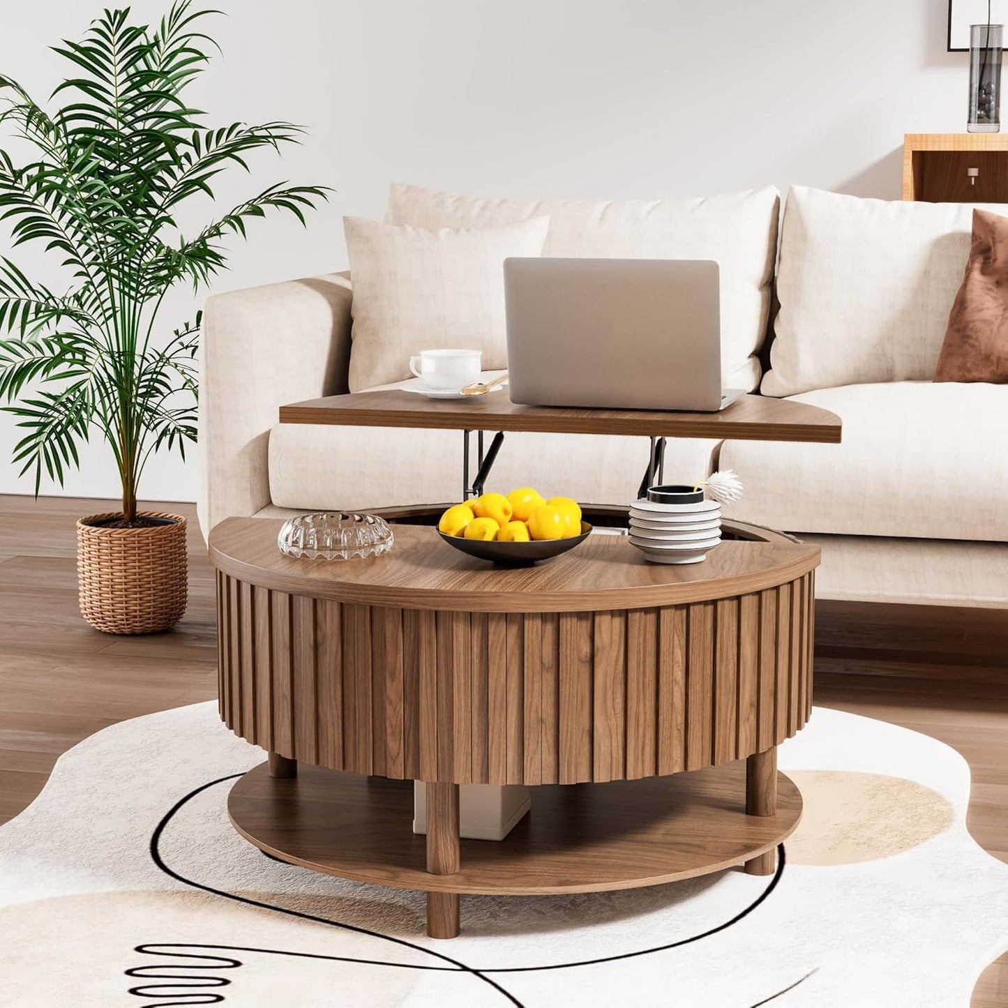 Limaoaio Round Lift Top Coffee Table with Storage, 31.5'' Modern 2-Tier Coffee Table with Hidden Storage Compartment and Open Shelf, Fluted Center Table for Living Room Home Office (Walnut)