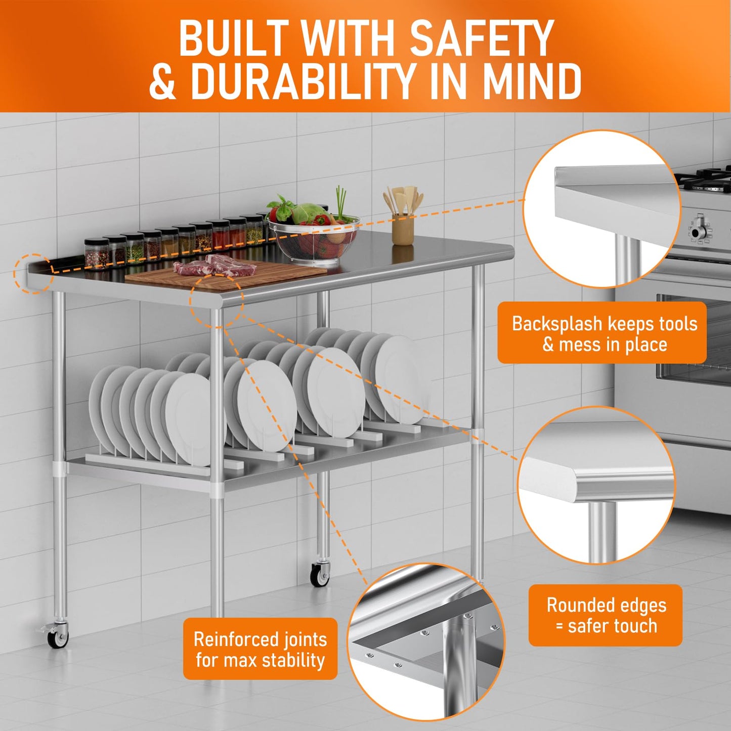 HOCCOT Stainless Steel Prep Table 30" X 48" with Adjustable Undershelf, Backsplash and Wheels, Commercial Metal Workstations for Kitchen, Garage, Outdoor BBQ