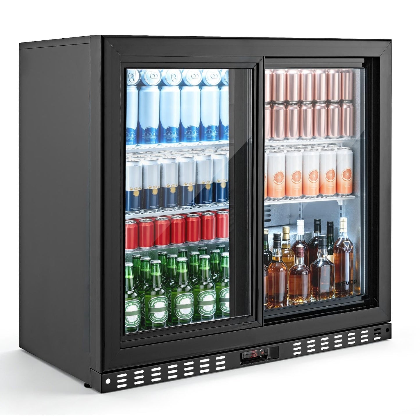 VEVOR Back Bar Cooler, 7.4 Cu. Ft Commercial Beverage Refrigerator, Under Counter Bar Fridge with 2 Sliding Doors, LED Lighting, Adjustable Shelves, Low-E Glass Display Cooler for Beer, Wine, Drink