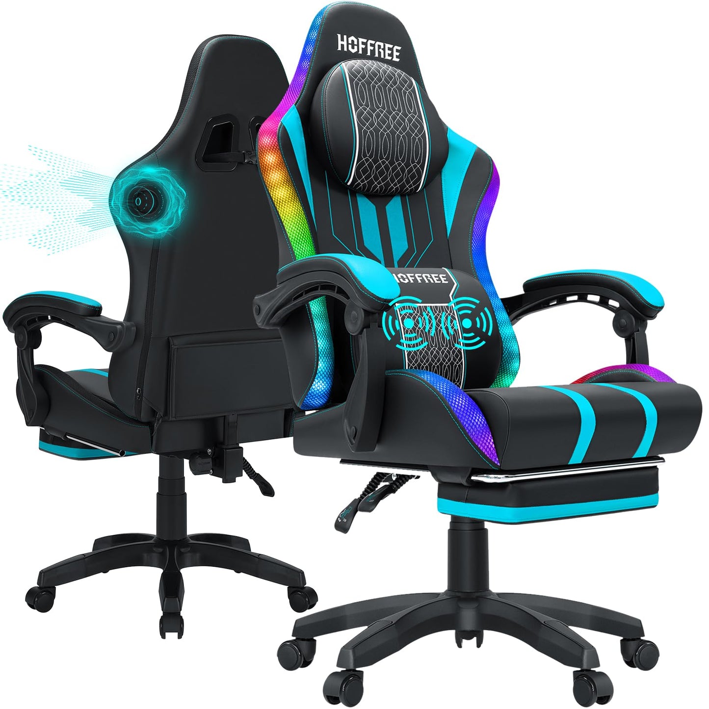 HOFFREE Led Gaming Chair with Speakers and Massage Video Game Chair Big and Tall for 400lbs with Footrest Reclining High Back Computer Desk Chair Blue and Black
