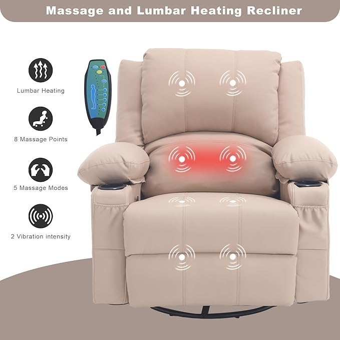 Massage Swivel Rocker Recliner with Lumbar Heat, Oversized Comfy Recliners for Living Room, Modern Single Sofa Rocking Chairs for Adults, Manual Rocker Recliner with Two Cup Holders, Beige