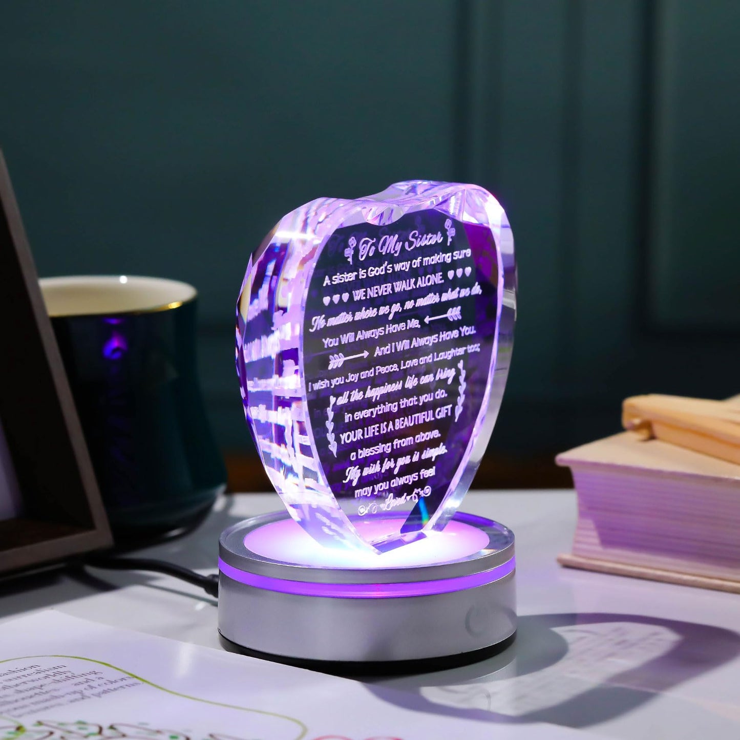 Movdyka Sister Birthday Gifts Crystal Keepsake with LED Base, Laser Engraved Sister Gifts from Sister, Soul Sister Gifts for Women, Unique Big Sister Gifts for Girls, Best Sister Ever Gifts
