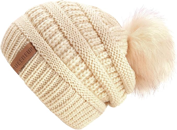 QUEENFUR Women Knit Slouchy Beanie Chunky Baggy Hat with Faux Fur Pompom Winter Soft Warm Ski Cap