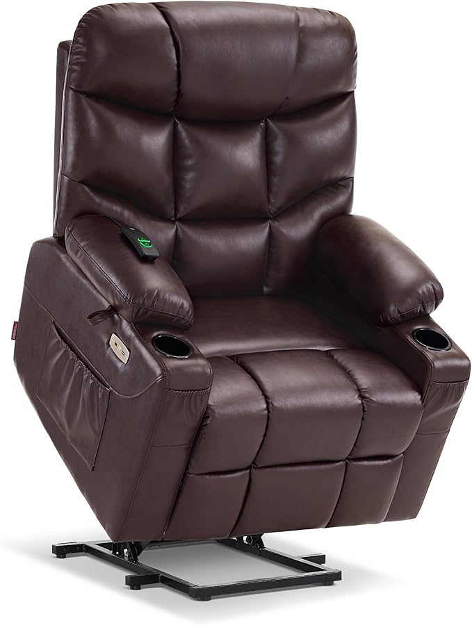 MCombo Power Lift Recliner Chair with Extended Footrest for Elderly People, Faux Leather 7287 (Dark Brown, Medium)