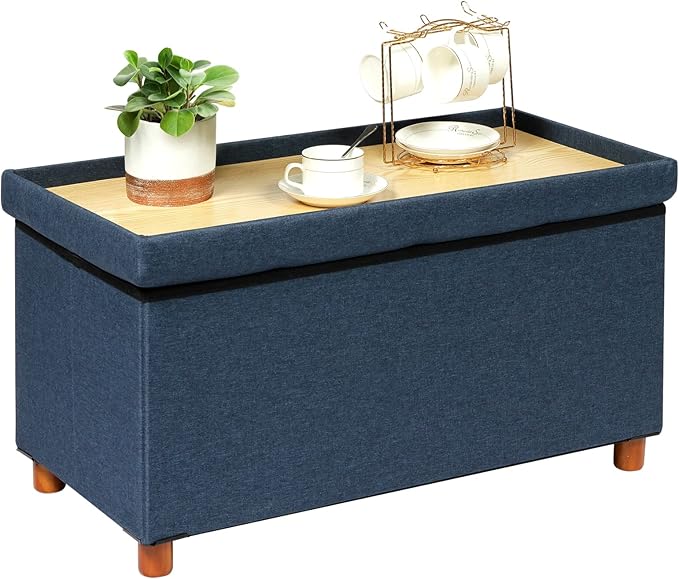 PINPLUS Storage Ottoman Cube, White Linen Footrest with Wooden Legs, Foldable Fabric Footrest, Comfortable Seat with Lid, Ottoman with Storage for Living Room, 30" x 15" x 15"，Blue