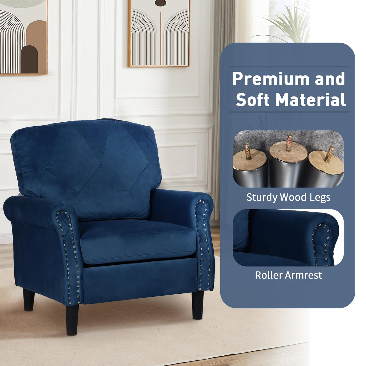 HXZDZ Accent Chairs for Living Room, Set of 2 Mid-Century Modern Upholstered Armchairs, Comfy Velvet Chair w/Wood Legs & Nailhead Trim, Wingback Chair for Bedroom, Blue