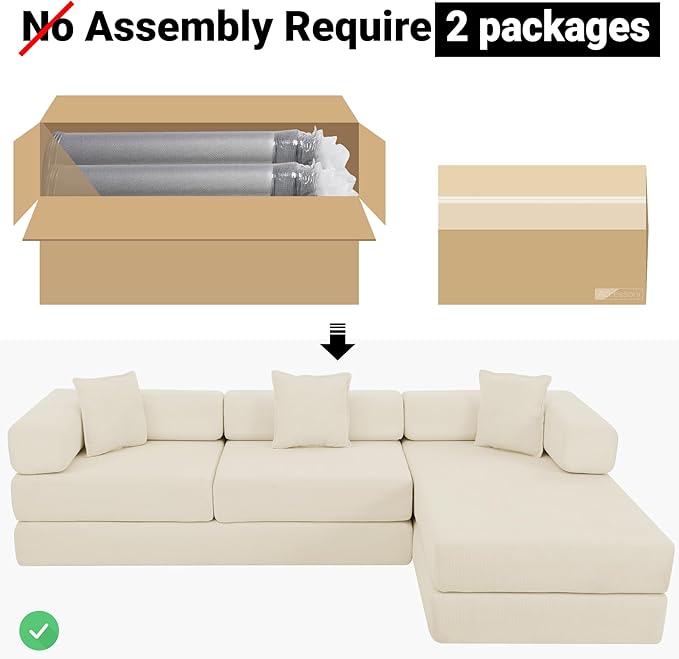 108" Oversized Convertible Sleeper Sofa Bed, Corduroy L Shape Sectional Couch, Folding Sofa Bed with Fixed-Shape Frame, Modern Cloud Floor Mattress Couch, Modular Sofa for Living Room, Beige
