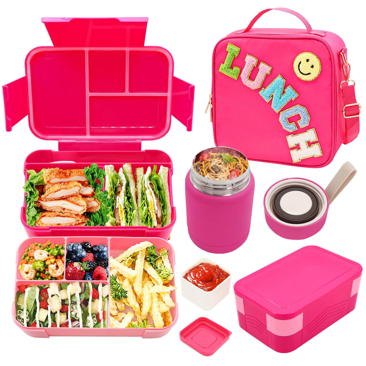Bento Lunch Box Set for Kids with 10oz Thermo Food Jar, Leak-Proof Lunch Containers with 6 Compartment, Nylon Preppy Lunch Bag with Adjustable Strap for Girls School Travel Picnic