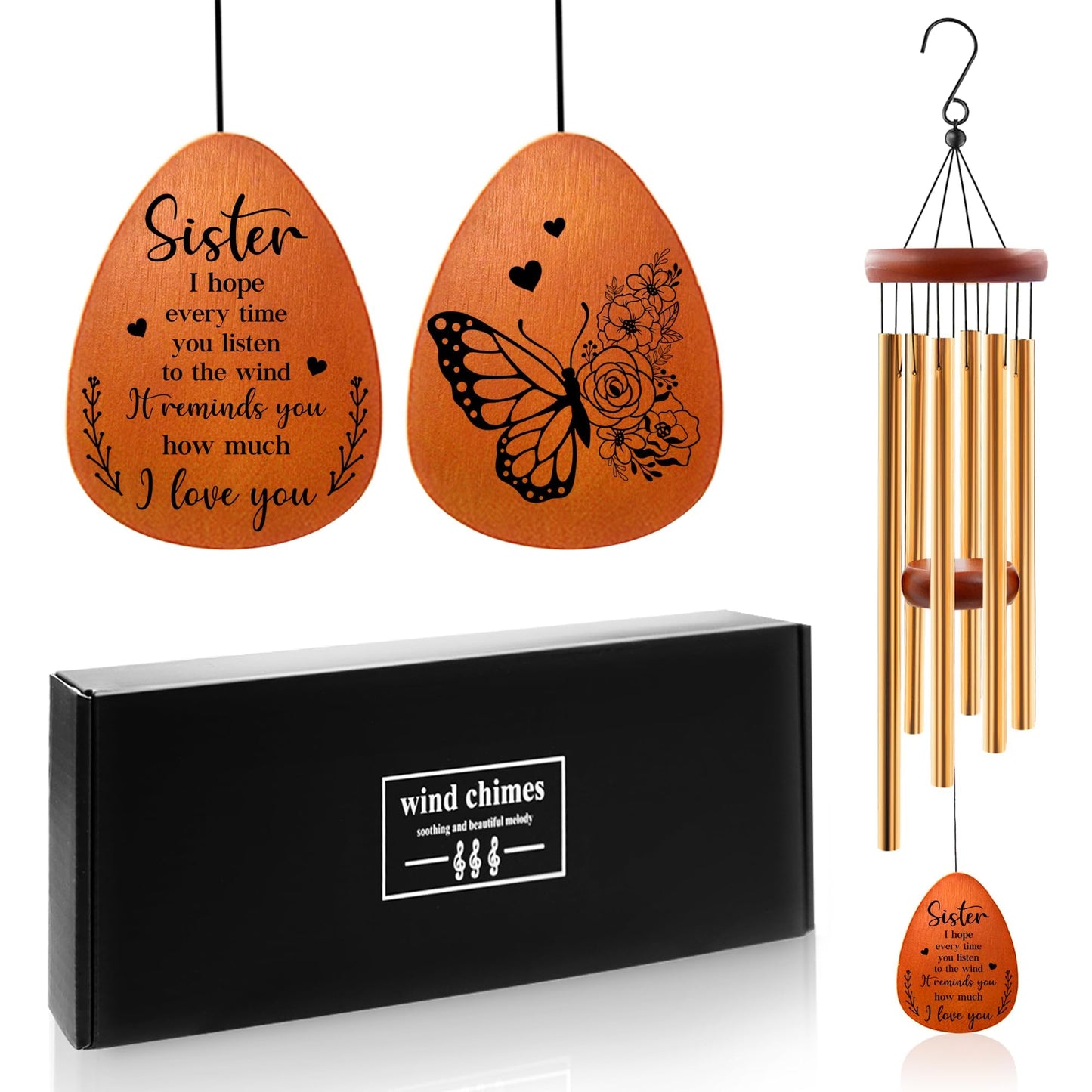 Sister Wind Chime - Sisters Gifts for Women, Sister Birthday Gifts Ideas, Butterfly Wind Chimes for Sis, Birthday Gift for Sisters Adult, Present for Sis Christmas, 25.5" Windchimes
