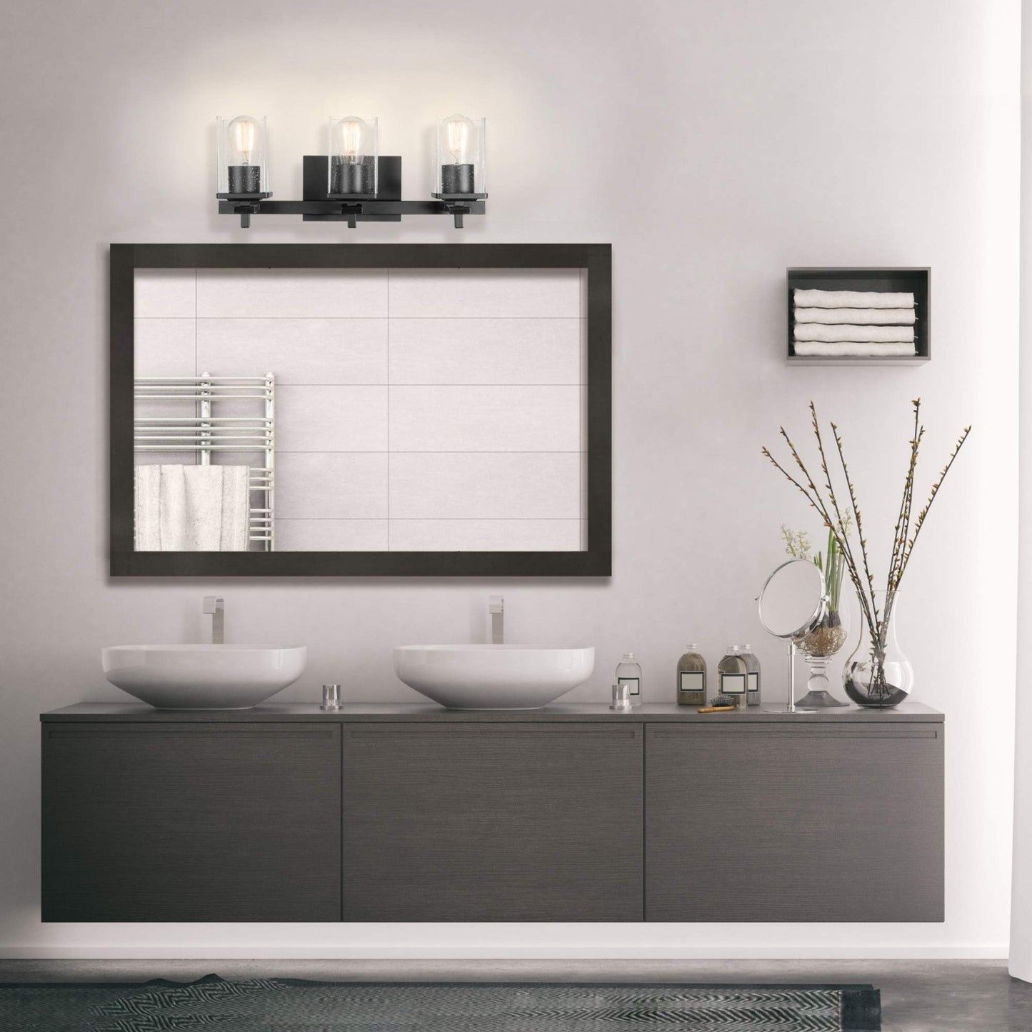 Globe Electric 51634 Dakota 5-Piece All-in-One Bathroom Set 3 Vanity Light with Seeded Glass Shades, Bar, Toilet Paper Holder, Towel Ring, Robe Hook, Matte Black