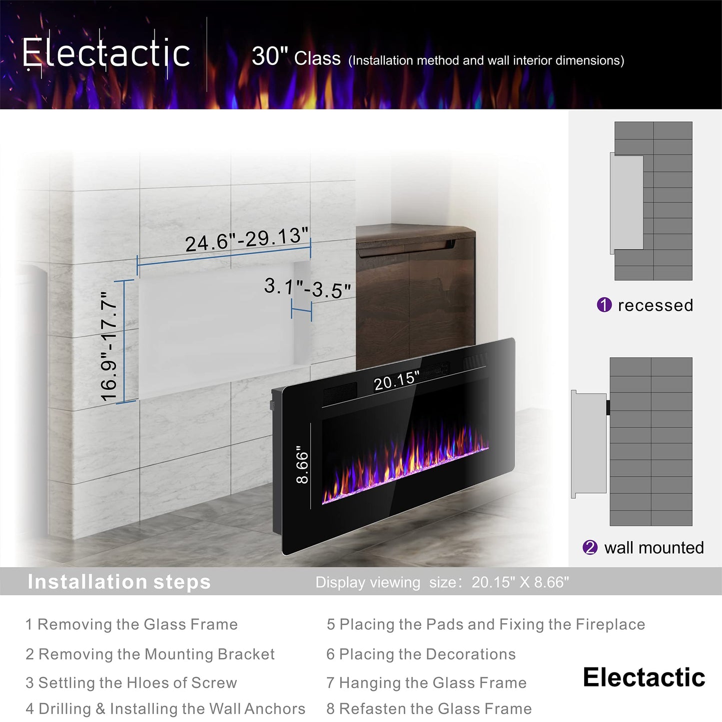 Electactic 30 Inch Electric Fireplace Insert Ultra-Thin - Recessed & Wall-Mounted Fireplace Heater With Thermostat, Adjustable F