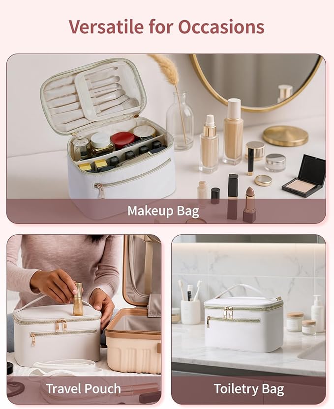 Wandering Nature Makeup Bag, Travel Make Up Bag with Divider, Makeup Case Organizer for Women in Fabric, White