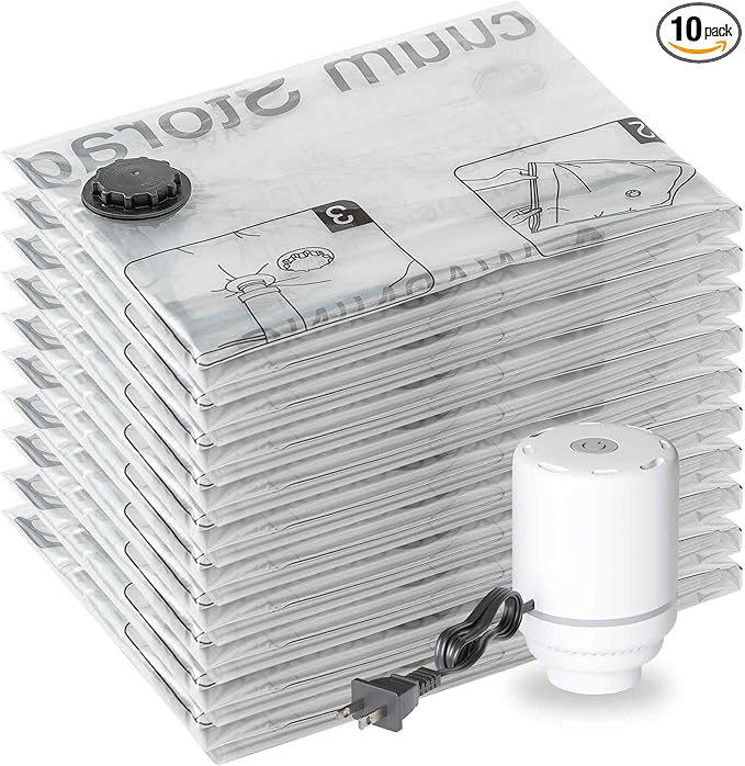 SUOCO 10 Large Vacuum Storage Bags with Electric Pump, Travel Clothes Space Saver Bags, Compression Airtight Seal Bags for Clothing, Pillows, Comforters, Blankets