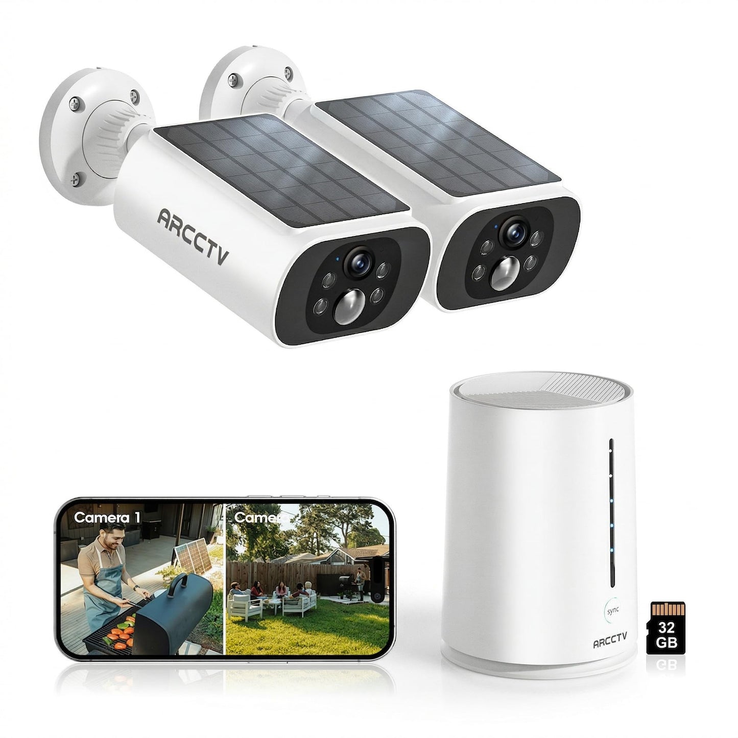ARCCTV Solar Security Cameras Wireless Outdoor, No Monthly Fee, 2-Camera Bullet Home Security System with Base Station, 2K Video, Local Storage, Color Night Vision, Active Siren
