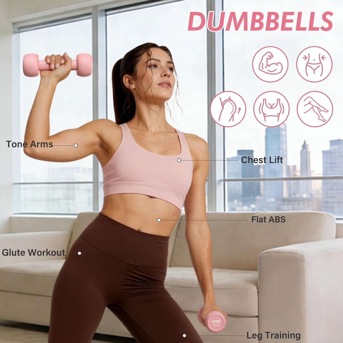 HTQ Adjustable Dumbbell Set for Women, 2-17LBS Total Plate Weight Home Workout Equipment with Kettlebell, Wrist Weights, Resistance Tube, Jump Rope, Pink/Green Free Weights Set for Women at Home