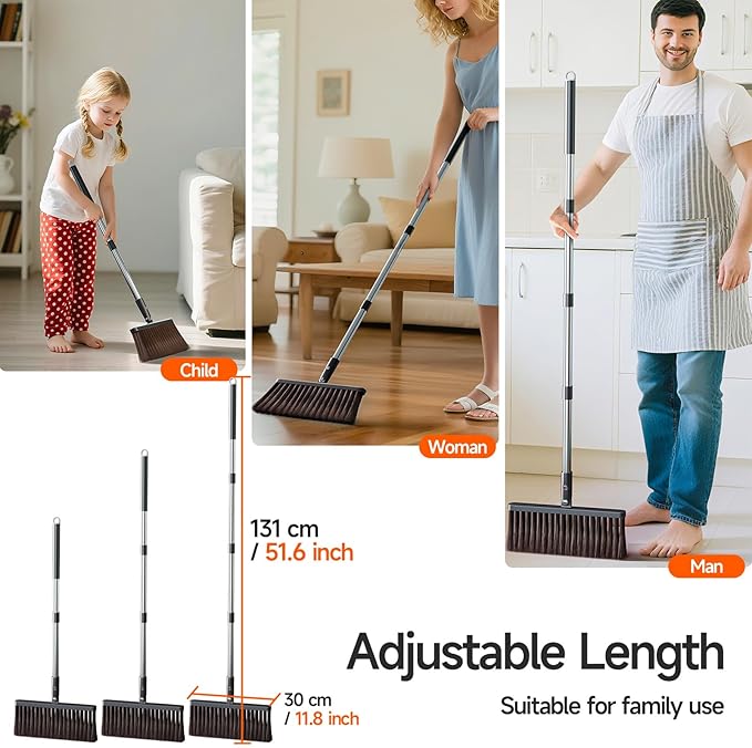 CTIME Broom and Dustpan Set, Extra Brush Head & 51.6" Adjustable Long Handle Standing Dustpan Set, with Dust Pan Teeth to Clean Pet Hair, Easy Sweeping Suitable for Home Kitchen Office Lobby