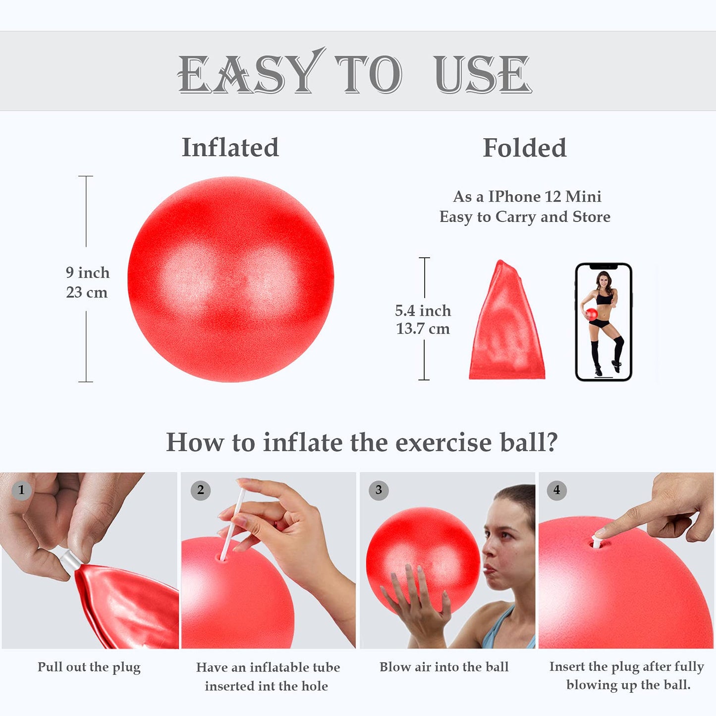 Soft Pilates Ball 9 Inch, Ideal Small Exercise Ball Between Knee Squeeze for Physical Therapy Yoga Core Medicine Abs Pt Bouncy, Mini Rubber Fitball Barre Workout Equipment for Women Men Kid Toddler
