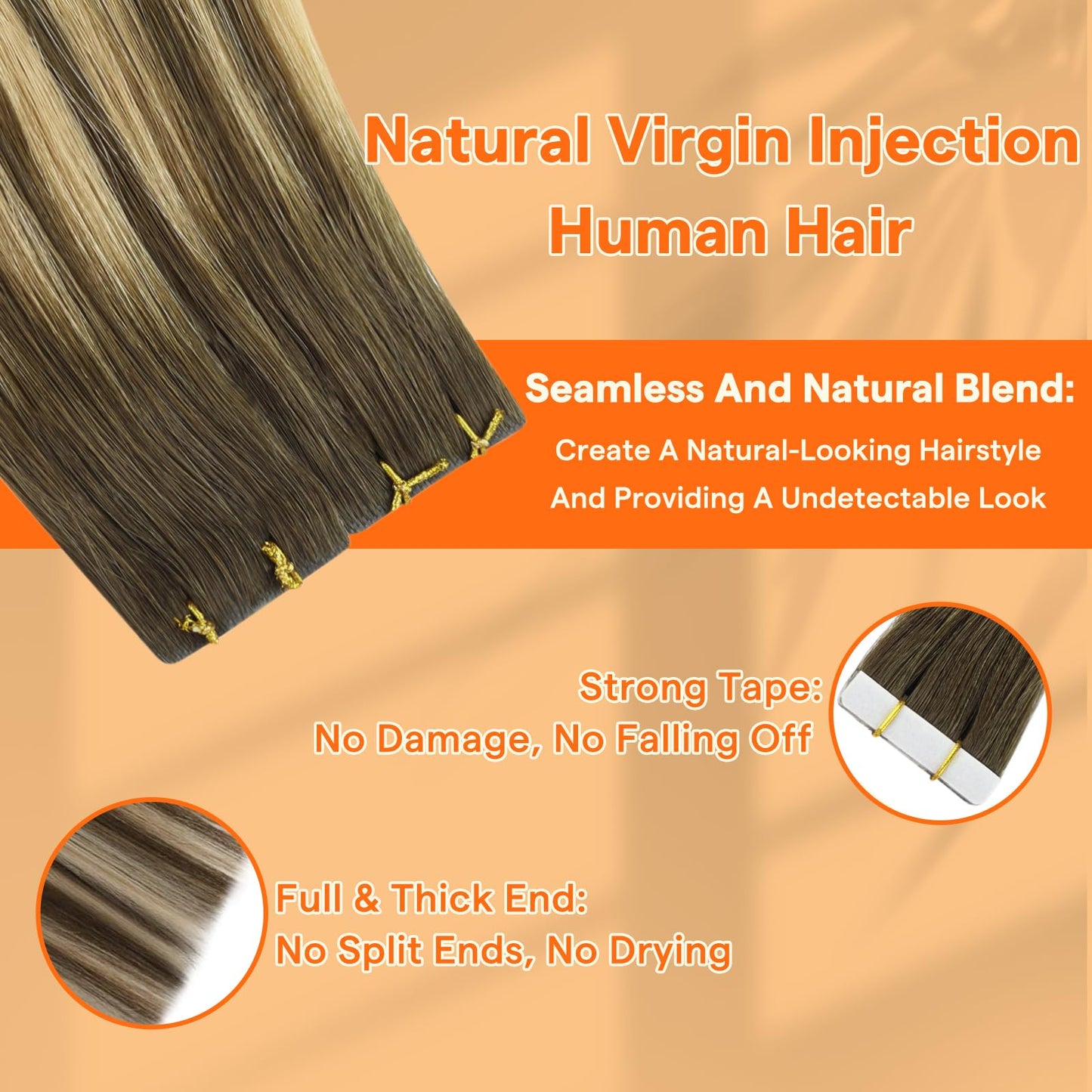 Full Shine Balayage Injection Tape in Virgin Hair Extensions 4 Medium Brown Fading to 27 Honey Blonde and 4 Invisible Seamless I