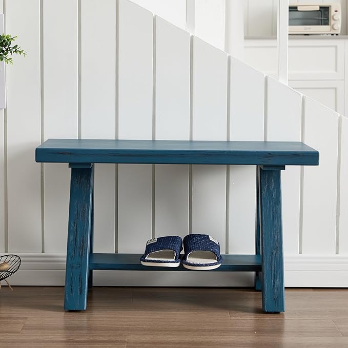 Janoray 30" Entryway Bench with Storage Farmhouse Narrow Dining Bench Shoe Rack Small Wooden Benches Holds up to 300lbs for Hallway Living Room Dining Room Bedroom，2 Tiers, Blue