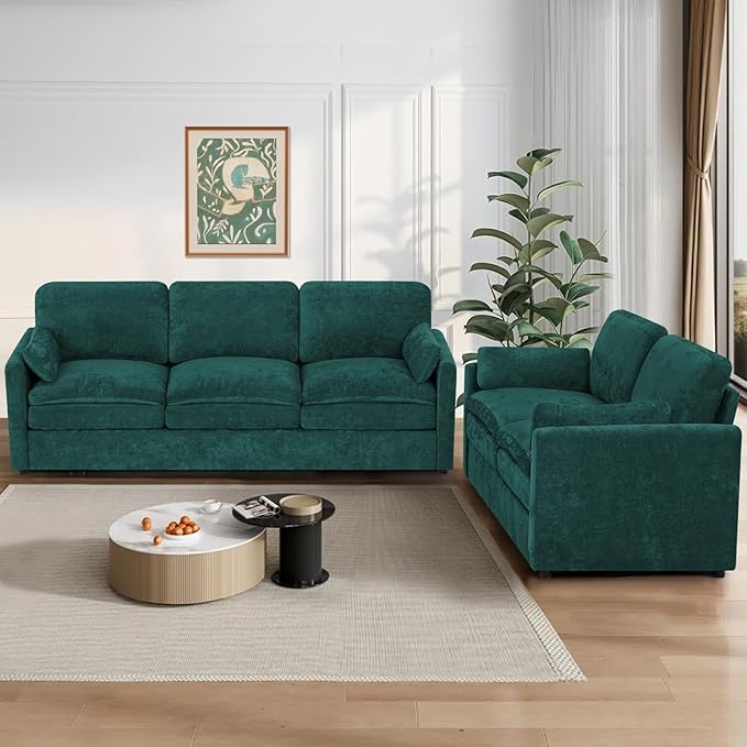 ACMEASE 2 Pieces Chenille Sofa Set w/Arm Pillows, Upholstered Loveseat & 3 Seater Sofa w/Comfortable Back Cushions, Modern 2-Seat & 3-Seat w/High-Density Foam for Living Room, Apartment, Teal
