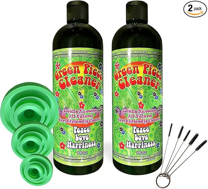 Green Piece® Glass Cleaner (Made in USA) - 2 of the 16 oz bottles with a Set of 3 Silicone Plugs and a 5 Piece Mini Metal Nylon Brush
