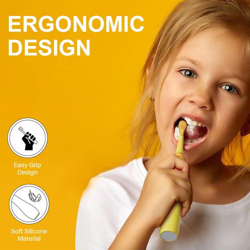 KIWIBIRD Kids Electric Toothbrush for Ages 3–10 | Toddler Sonic Toothbrush with 4 Modes & Soft Silicone Bristles | 2-Min Timer Pressure Sensor | 45-Day Rechargeable Battery | IPX8 Waterproof (Yellow)
