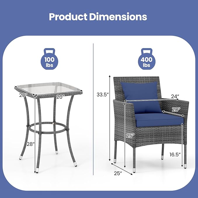 KOTEK 3 Pieces Patio Furniture Set, PE Rattan Outdoor Conversation Set with Tempered Glass Table & Soft Cushions, Wicker Bistro Set for Garden, Porch, Balcony (Navy)