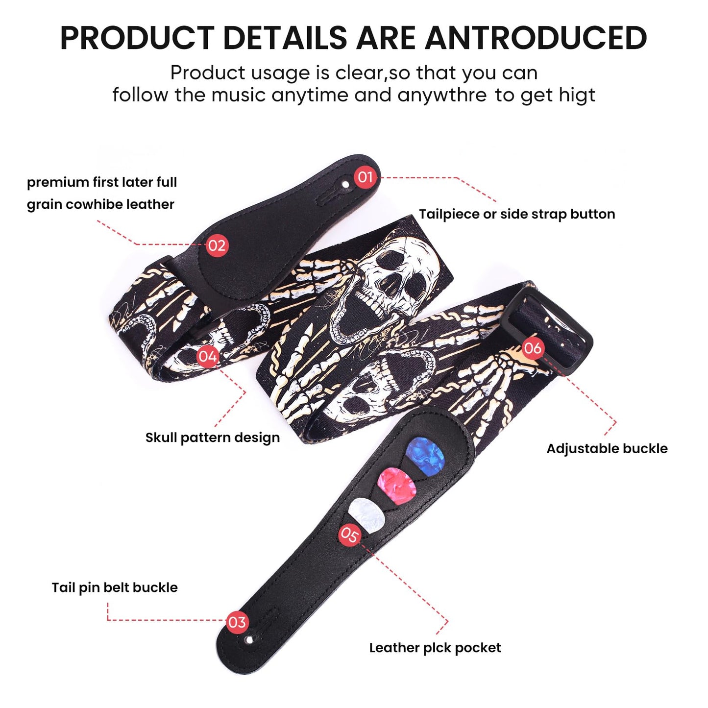 Aarvi Guitar Strap Set For Bass/Electric/Acoustic Guitars - 41-67 Cotton With Leather Ends, 2 Strap Locks + 4 Picks Included, Du