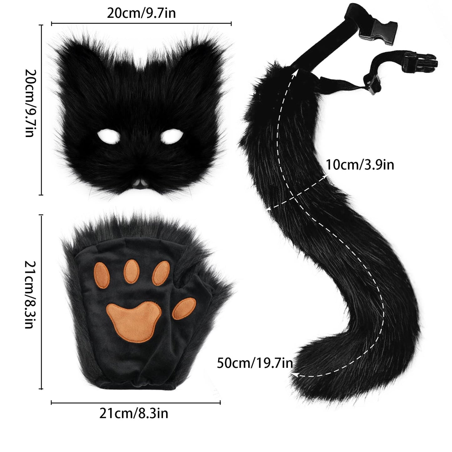 Adolala Faux Fur Fox Tail Cat Wolf Cosplay Costume Set Plush Mask Fluffy Paw Gloves Halloween Christmas Party for Girls Women