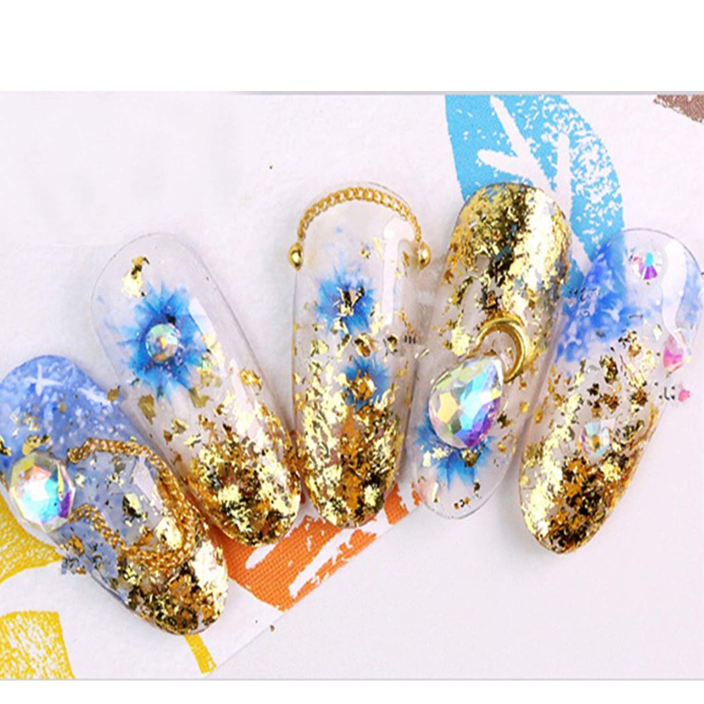 Gold Foil Nail Art Set, Decals Stickers Fragments Charms, DIY Manicure Design Decoration, Gold Silver Leaf Flakes 12 Grids/Set