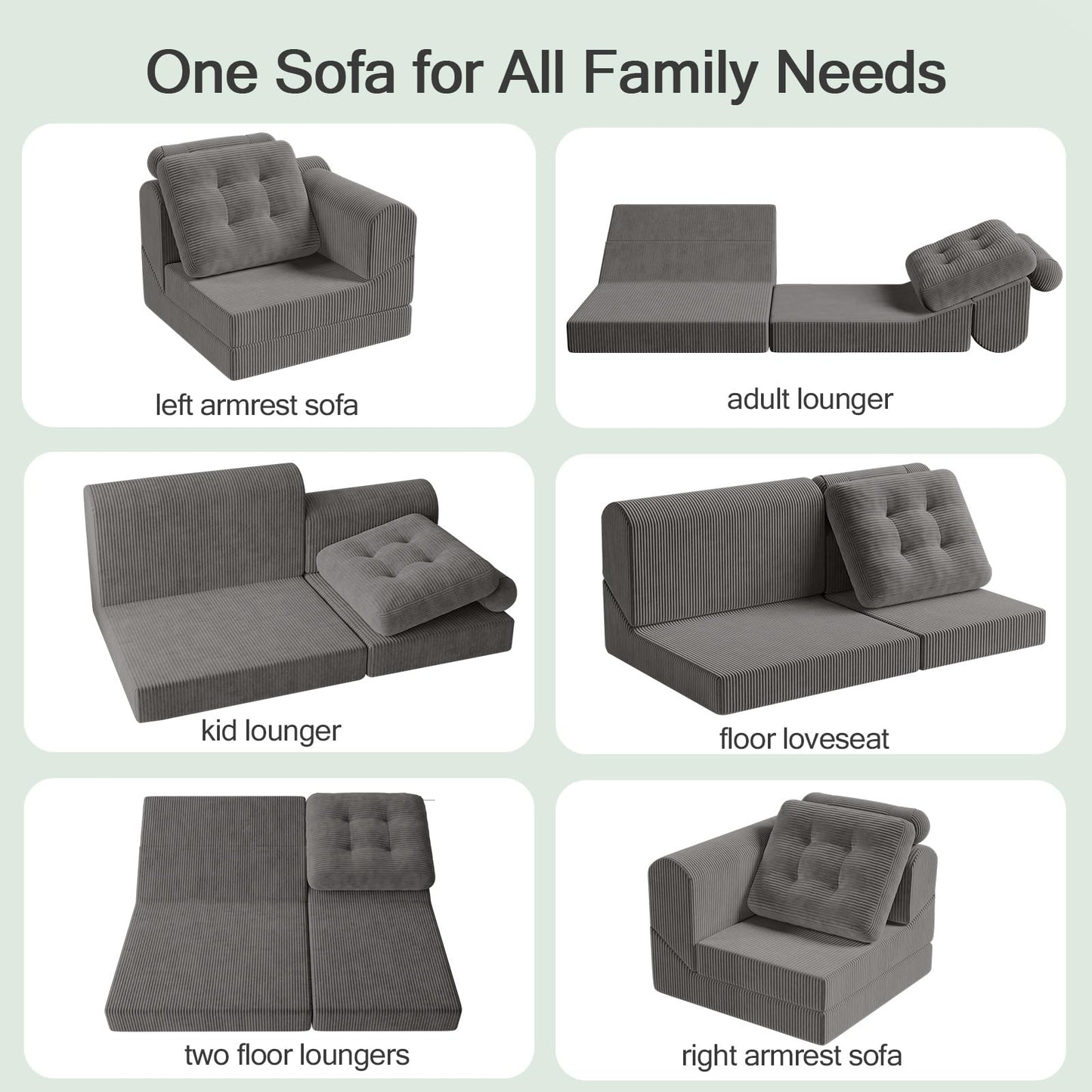 COMAX Folding Sofa Bed, 8-in-1 Foldable Floor Couch Corduroy Convertible Futon Sofa, Fold Out Chair Bed Sleeper Mattress Comfy Portable Lounge Loveseat Guest for Living Room Bedroom, Dark Grey