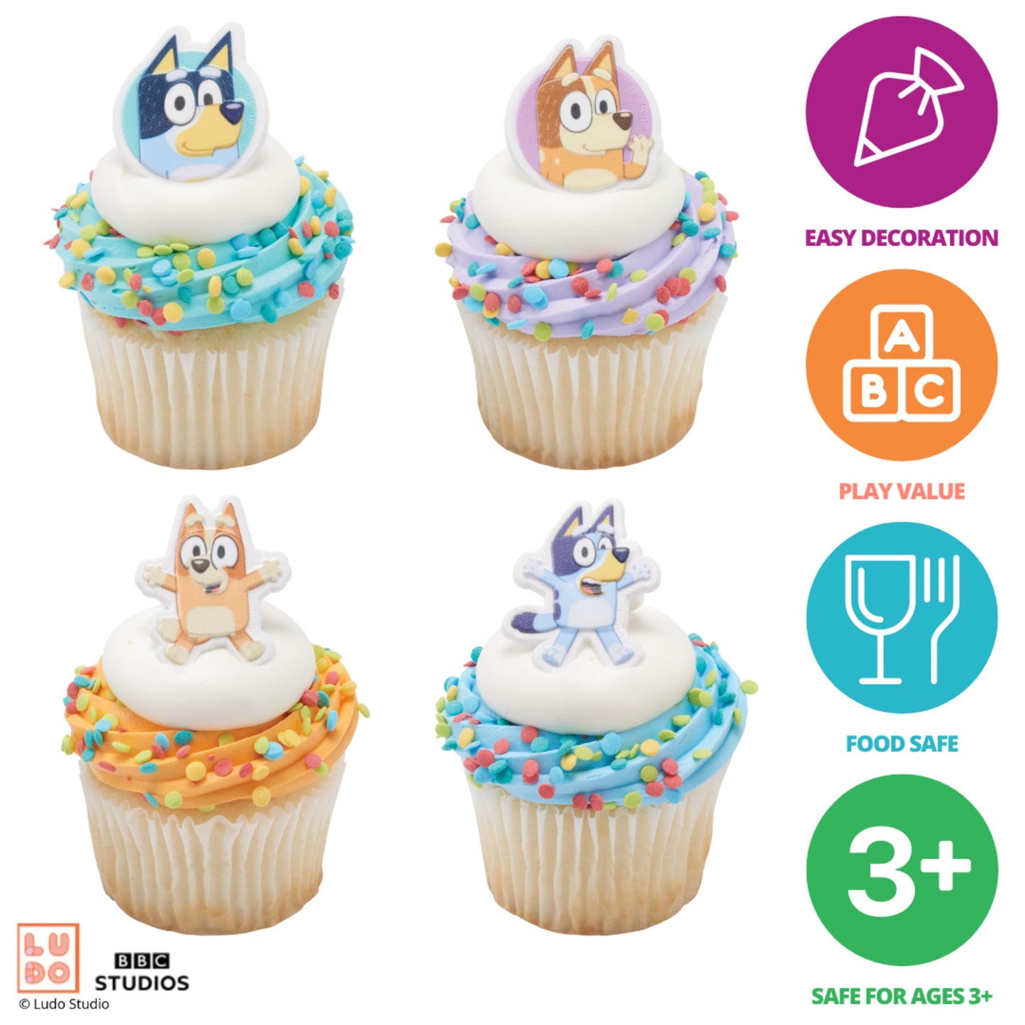 DecoPac Bluey So Much Fun Rings, 24 Cupcake Decorations Featuring Bluey, Bingo, Bandit, and Chilli, 3D Food Safe Cake Toppers – 24 Pack