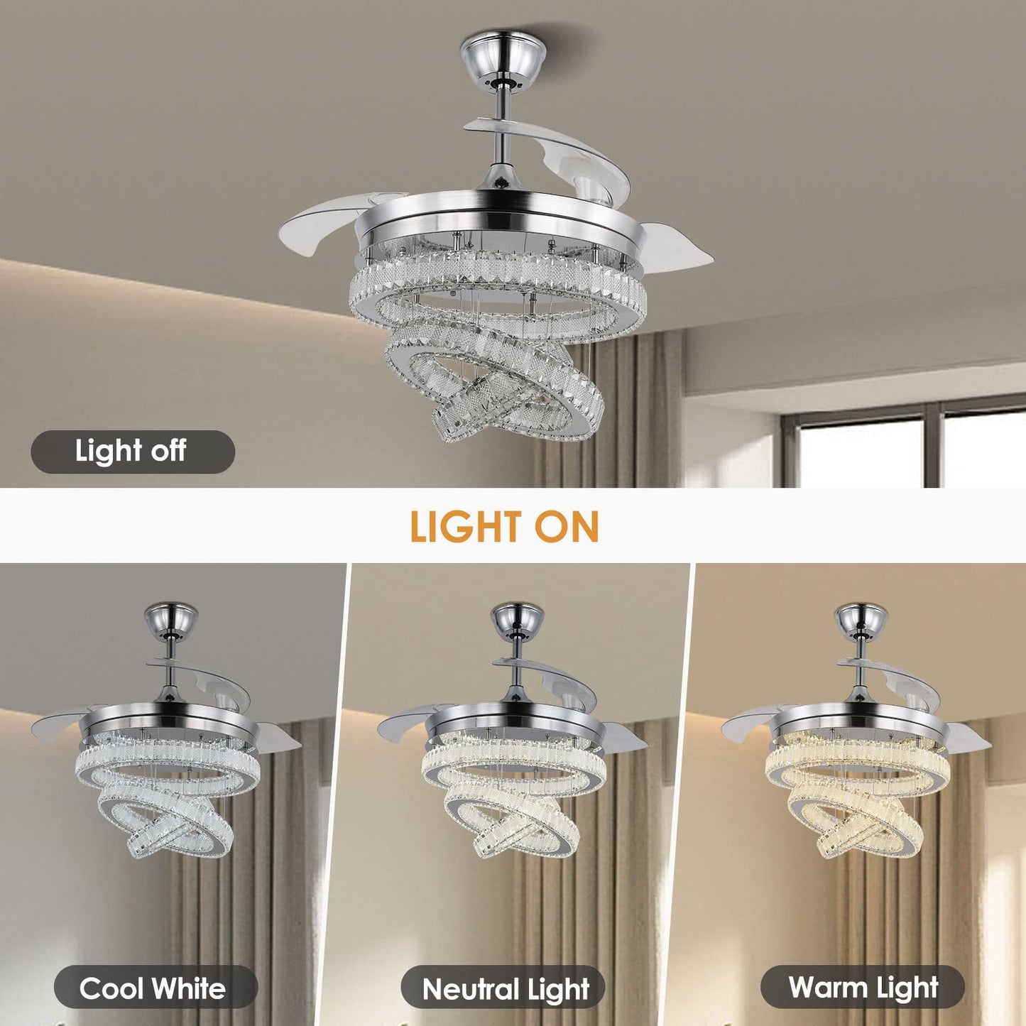 FRIXCHUR 42 Inch Crystal Chandelier Ceiling Fans with Lights Dimmable LED Fandeliers Silver Ceiling Fan with Light and Remote