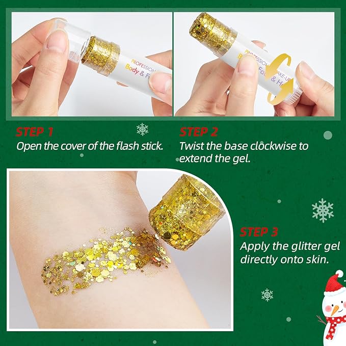 Body Glitter Stick, Holographic Sparkling Sequins Neon Outfit Party Super Sparkly Face Paint Rave Festival Accessories Glitter Gel Makeup.(Red & White & Green)