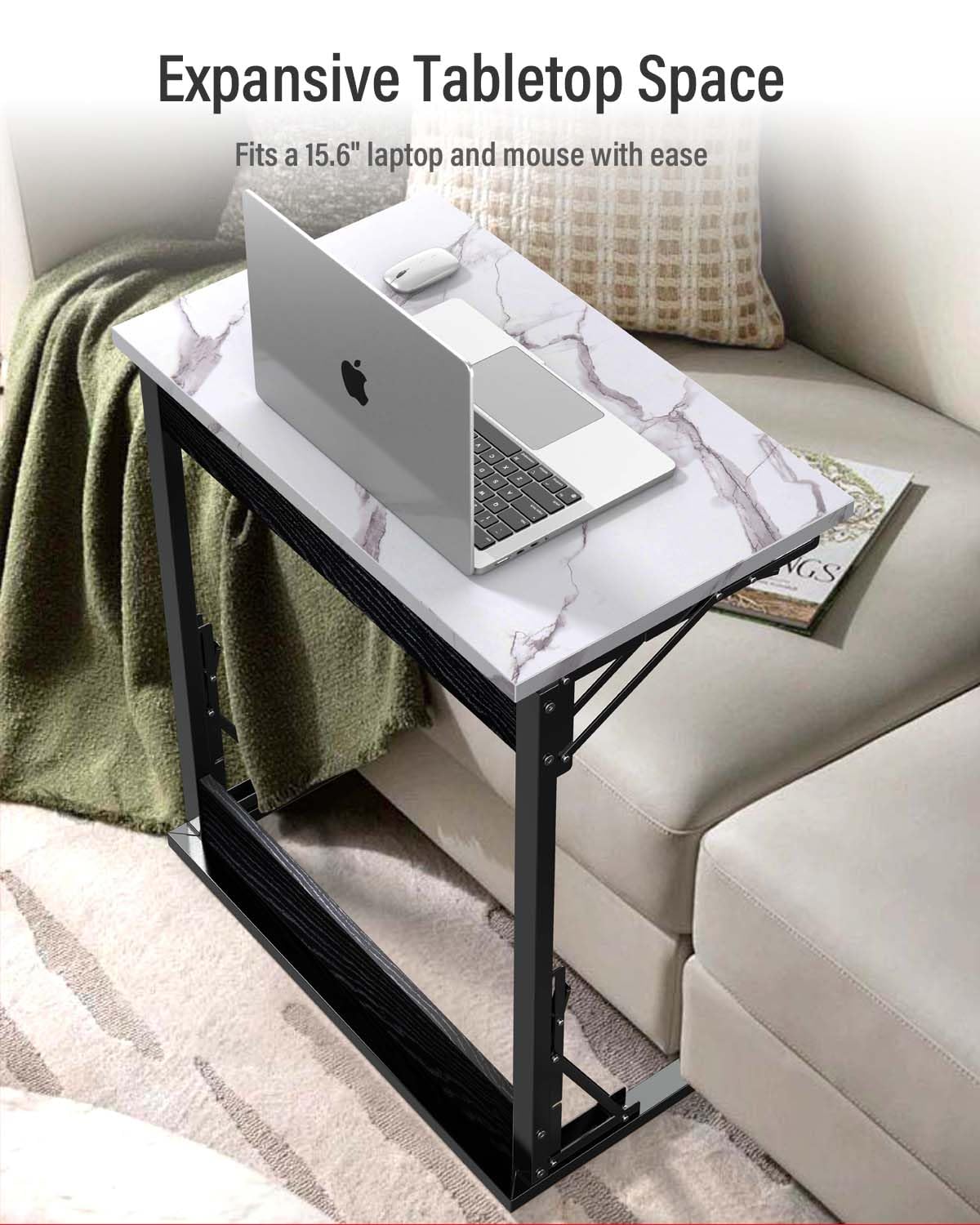 Tatub 24" Folding TV Tray Table, Marble C Shaped End Table for Couch, Small Sofa-Side Laptop Desk with Black Metal Frame for Living Room, Bedroom, Bedside