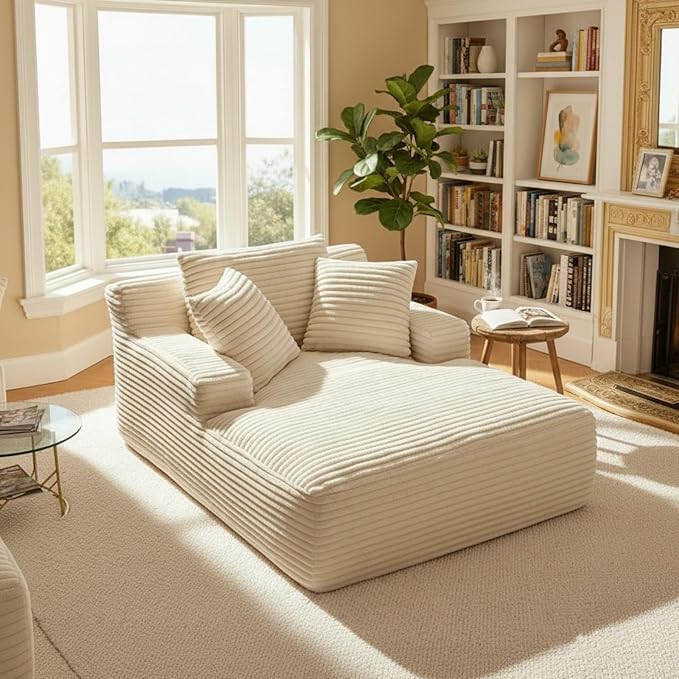 Alpen 66" Oversized Chaise Lounge, Boneless Couch Indoor, Corduroy Couch Boneless Sofa Chair for Reading with Wide Armrest and 3 Throw Pillows, No Assembly Required, White