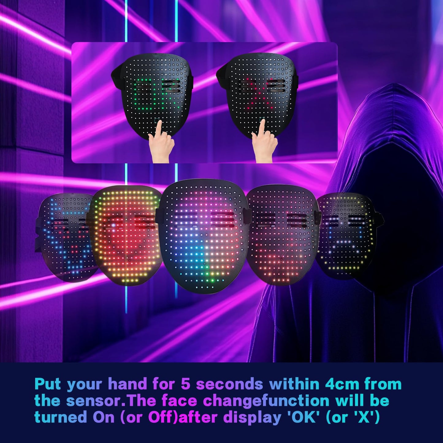 LAIYASHIMAN Led Mask with Gesture Sensing，Light up Masks for Kids/Men/Women，Glow Mask for Halloween Xmas Costume Cosplay Party